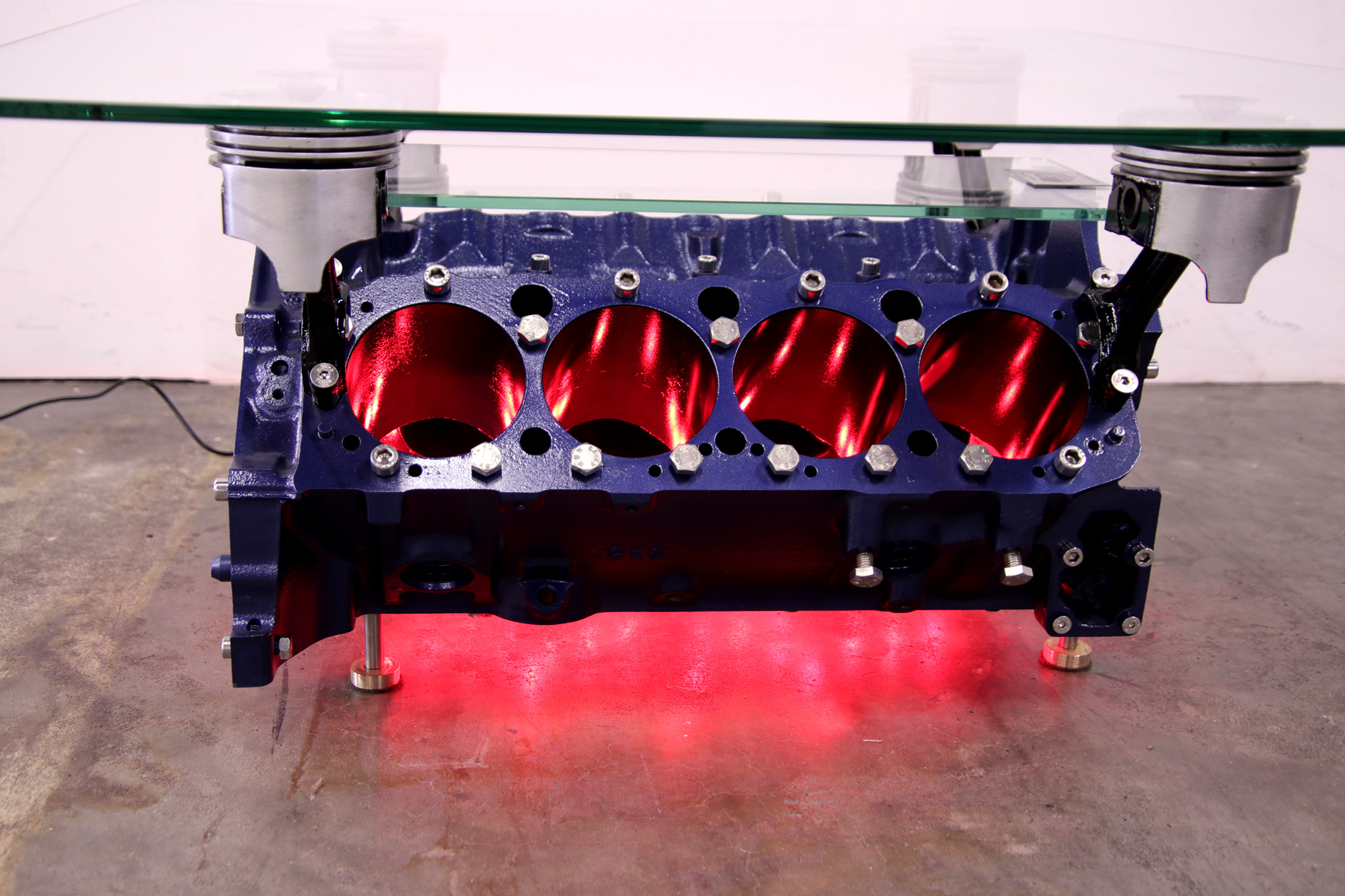 exklusiver Motortisch Chevy 5.7 V8 mit 2 Glasplatten und Beleuchtung